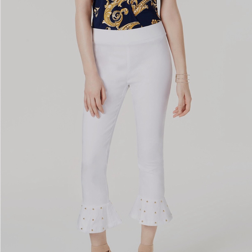 INC International Concepts Bright White Studded Ruffle Hem Crop Pants Size 8